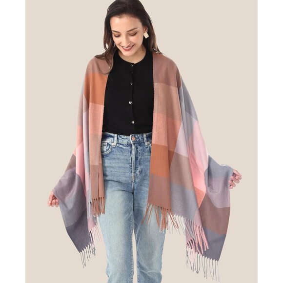 Women Pink Grey Blue Winter Warm Shawl Wraps Tartan Blanket Oversized Scarves - Picture 2 of 6